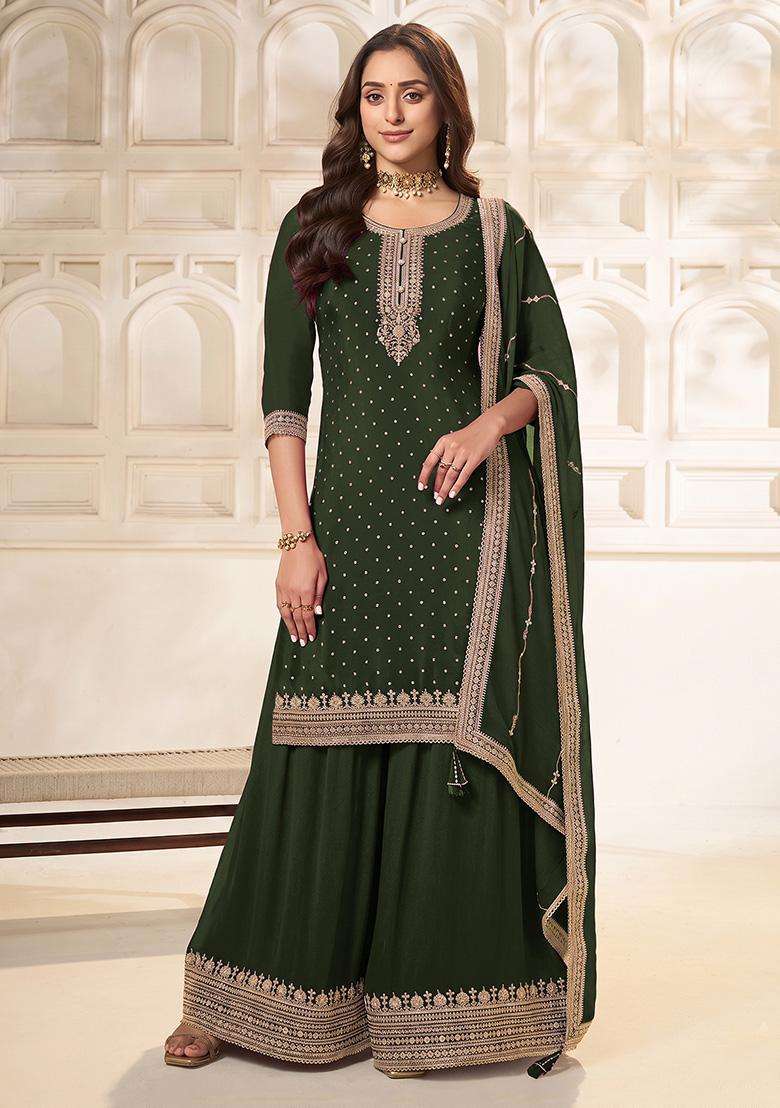Bottle Sequin Work Silk Sharara Set - Indya