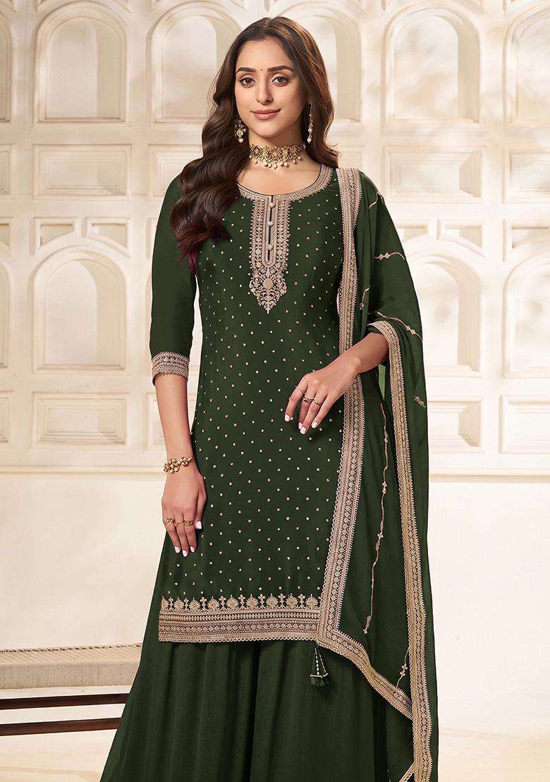 Bottle Sequin Work Silk Sharara Set - Indya