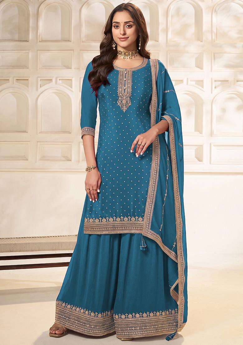 Peacock Sequin Work Silk Sharara Set - Indya