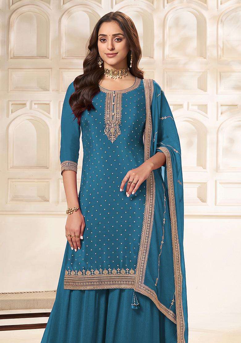 Peacock Sequin Work Silk Sharara Set - Indya