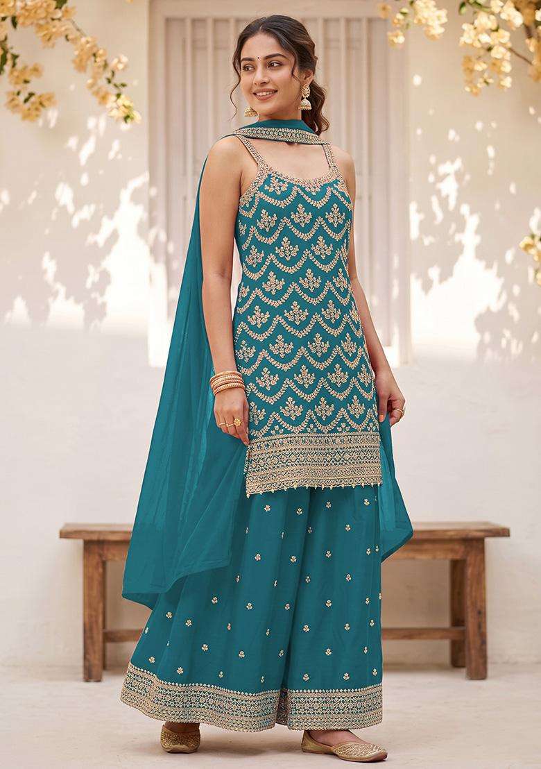 Teal Sequin Work Silk Sharara Set - Indya