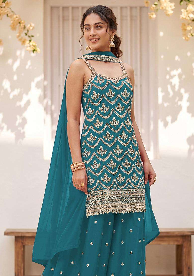 Teal Sequin Work Silk Sharara Set - Indya