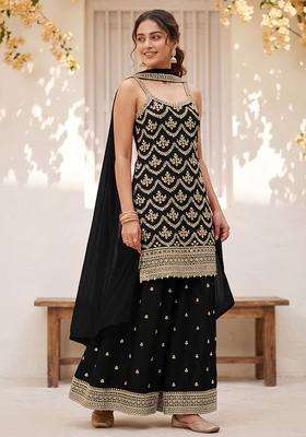 Black Sequin Work Silk Sharara Set