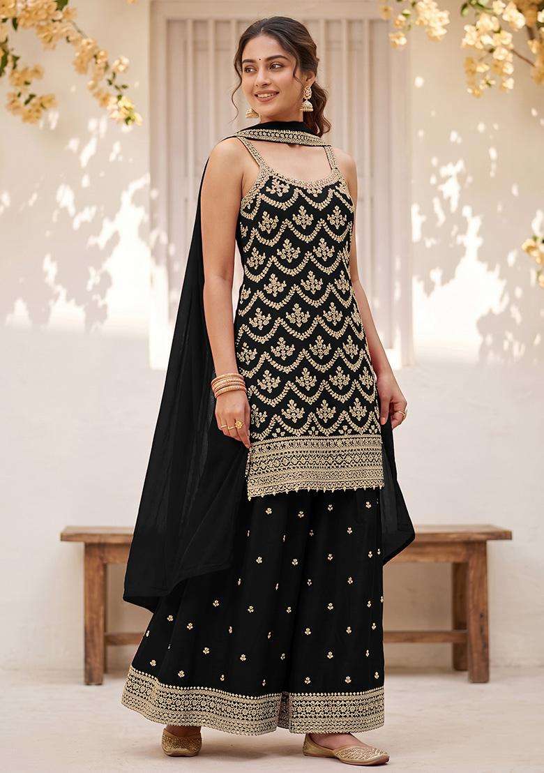 Black Sequin Work Silk Sharara Set - Indya