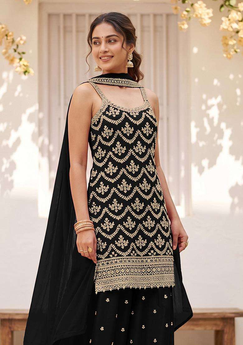 Black Sequin Work Silk Sharara Set - Indya