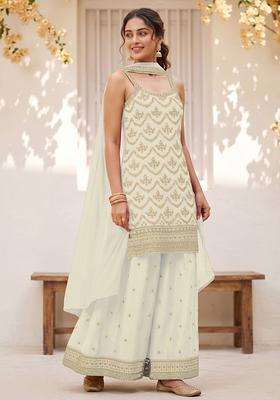 White Sequin Work Silk Sharara Set