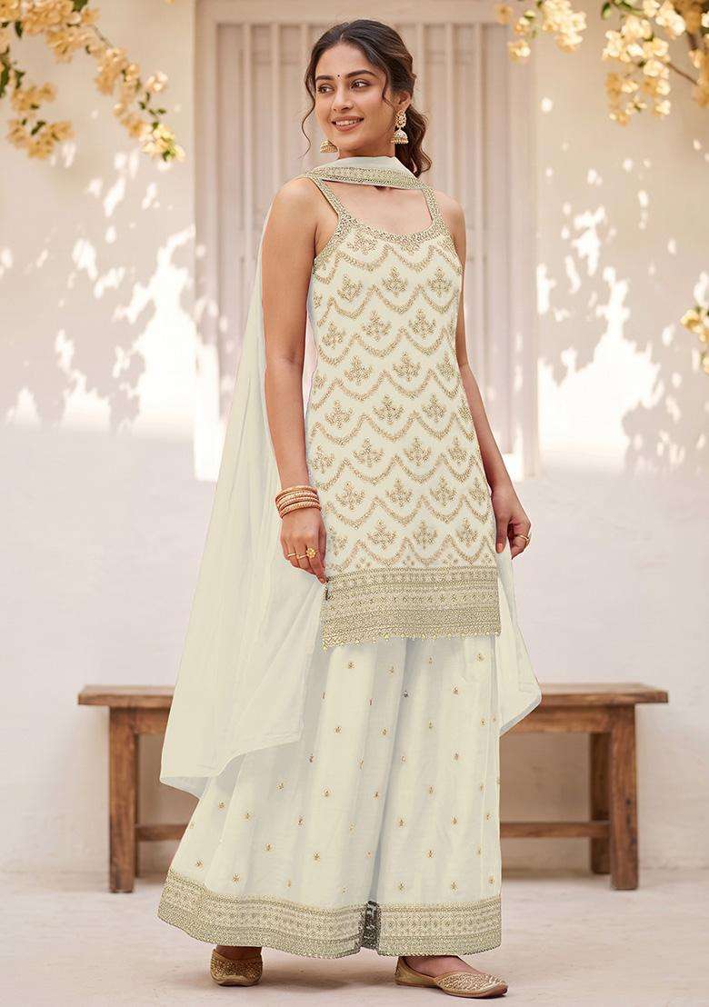 White Sequin Work Silk Sharara Set - Indya
