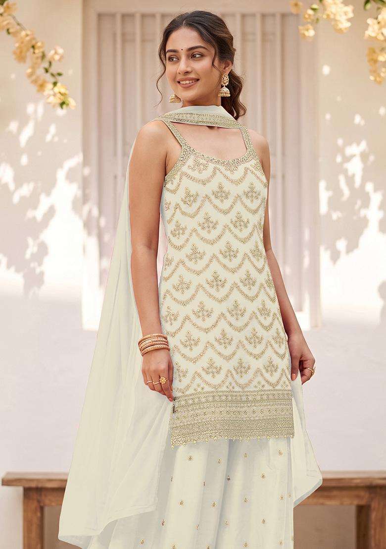 White Sequin Work Silk Sharara Set - Indya