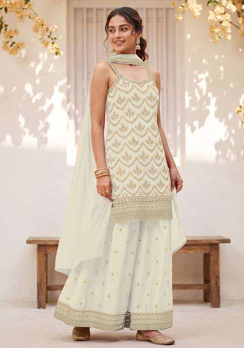 White Sequin Work Silk Sharara Set