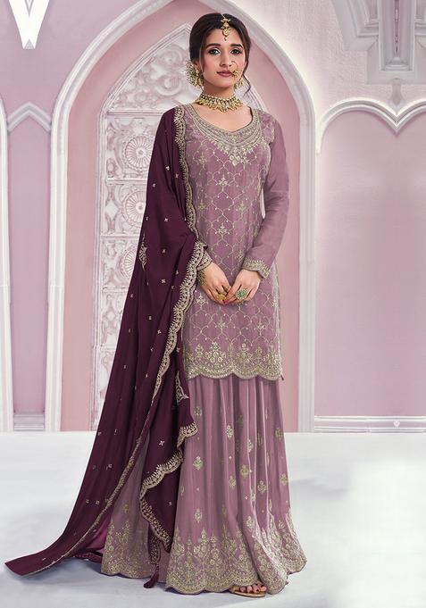Dusty Sequin Work Silk Sharara Set