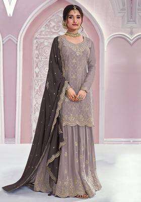 Grey Sequin Work Silk Sharara Set