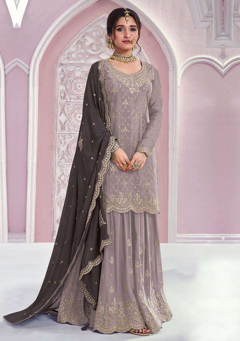 Grey Sequin Work Silk Sharara Set - Indya