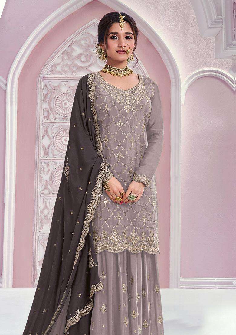 Grey Sequin Work Silk Sharara Set - Indya