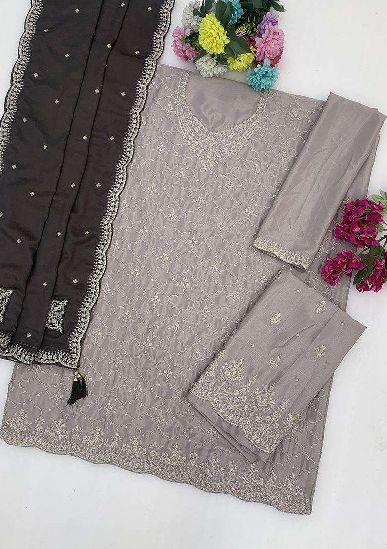 Grey Sequin Work Silk Sharara Set - Indya