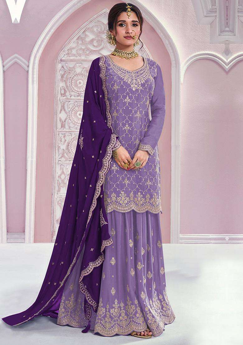 Lavender Sequin Work Silk Sharara Set - Indya