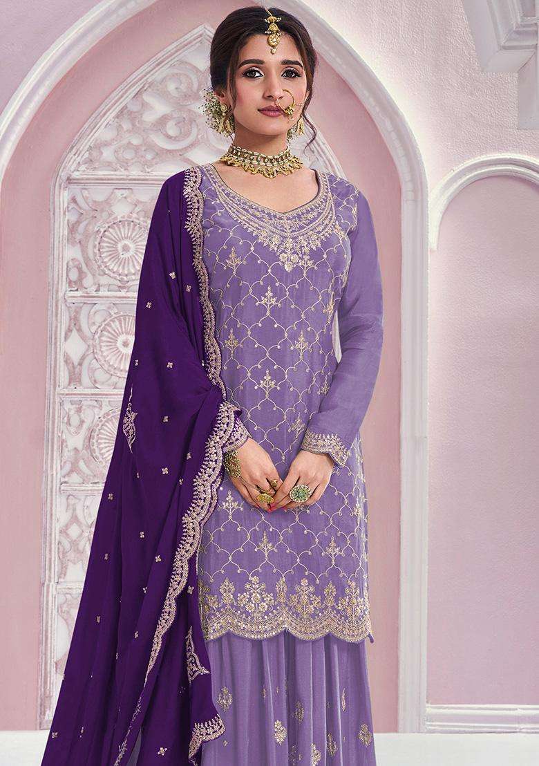 Lavender Sequin Work Silk Sharara Set - Indya