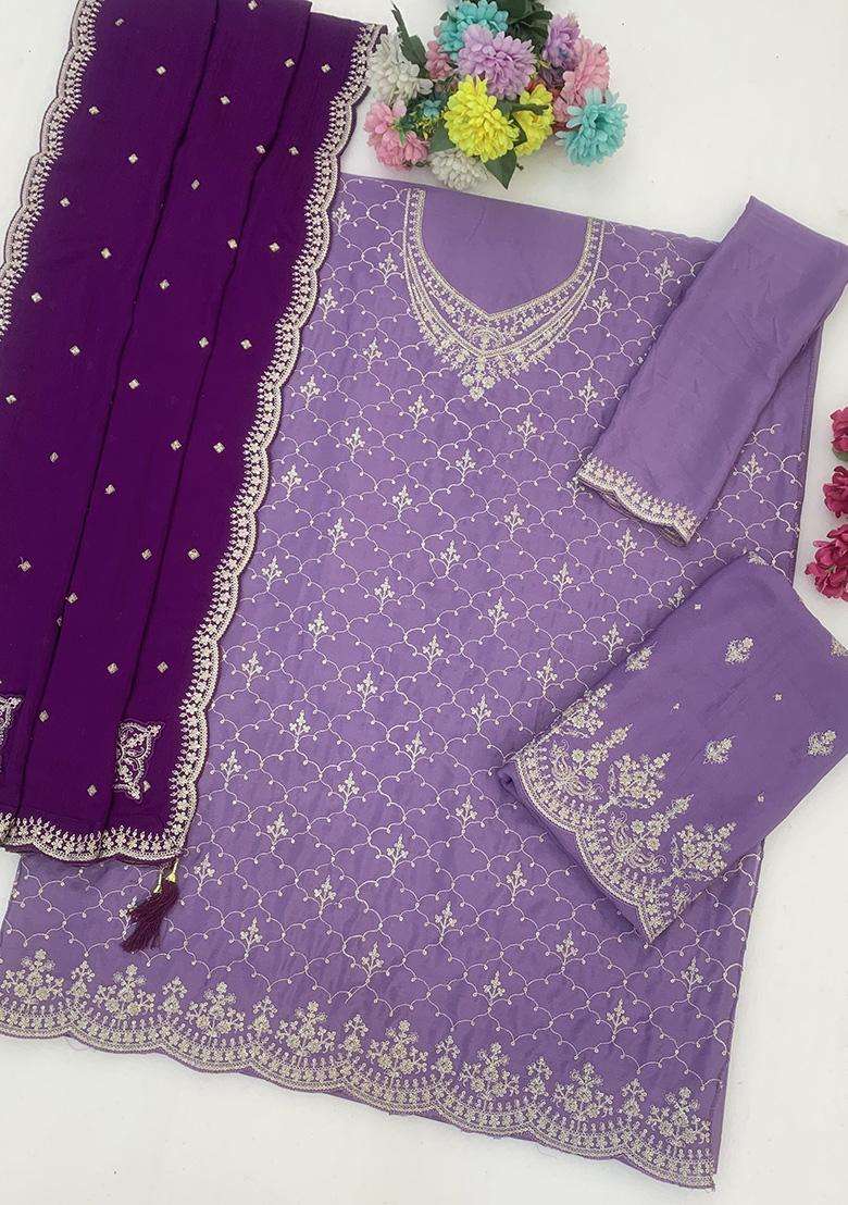 Lavender Sequin Work Silk Sharara Set - Indya