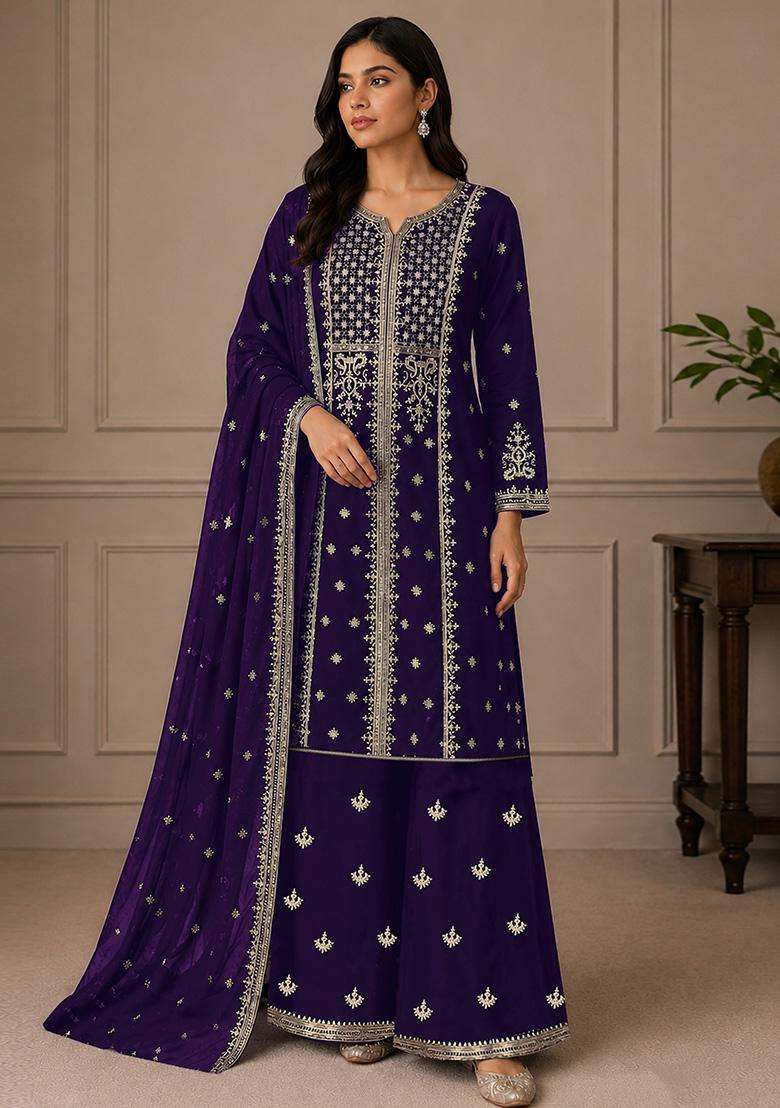 Violet Sequin Work Georgette Sharara Set - Indya
