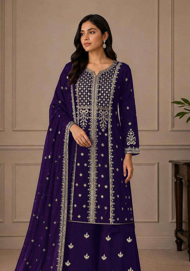 Violet Sequin Work Georgette Sharara Set - Indya