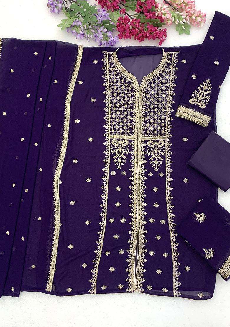 Violet Sequin Work Georgette Sharara Set - Indya