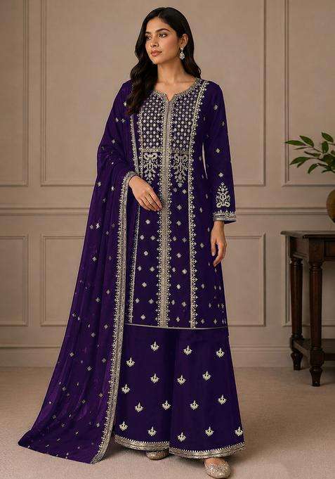 Violet Sequin Work Georgette Sharara Set