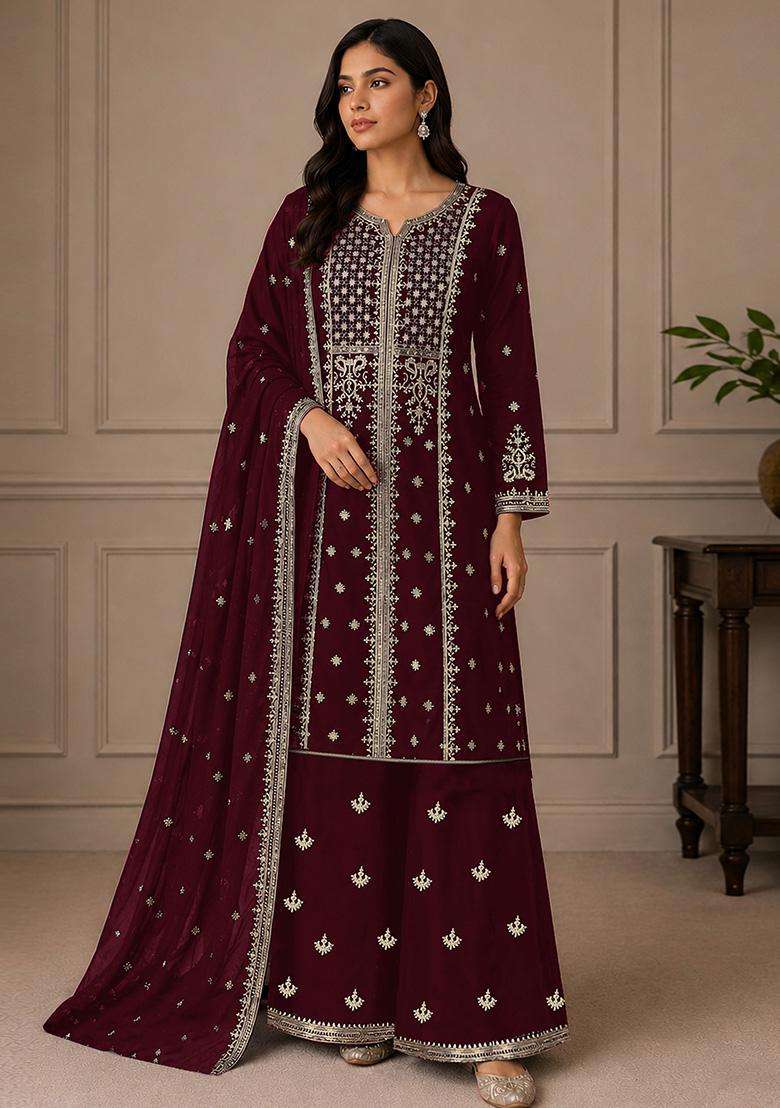 Maroon Sequin Work Georgette Sharara Set - Indya