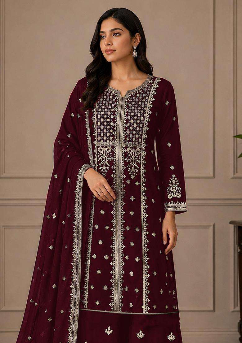 Maroon Sequin Work Georgette Sharara Set - Indya
