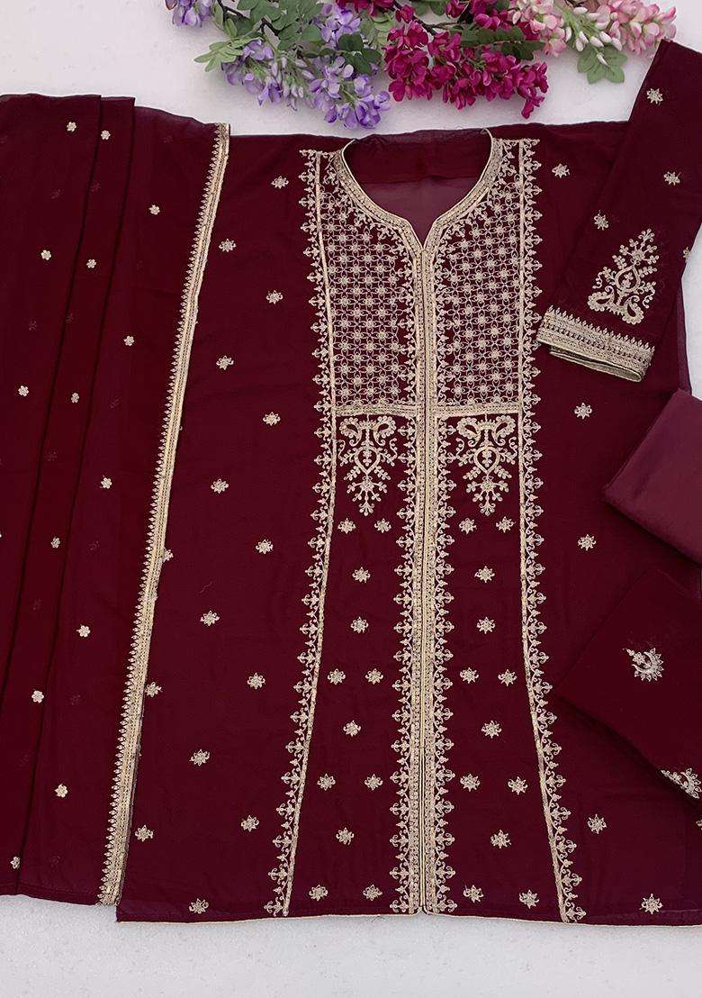 Maroon Sequin Work Georgette Sharara Set - Indya