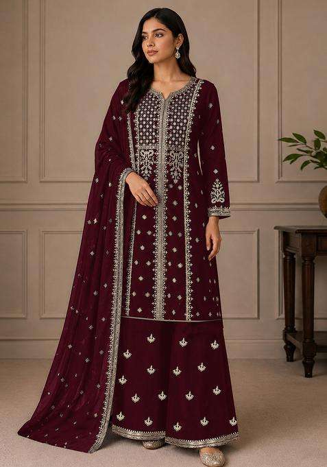 Maroon Sequin Work Georgette Sharara Set