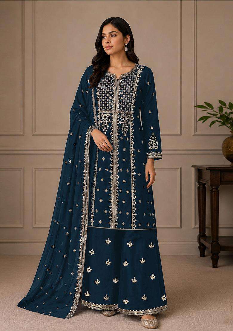 Navy Sequin Work Georgette Sharara Set - Indya