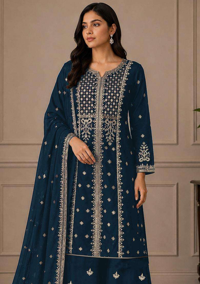Navy Sequin Work Georgette Sharara Set - Indya