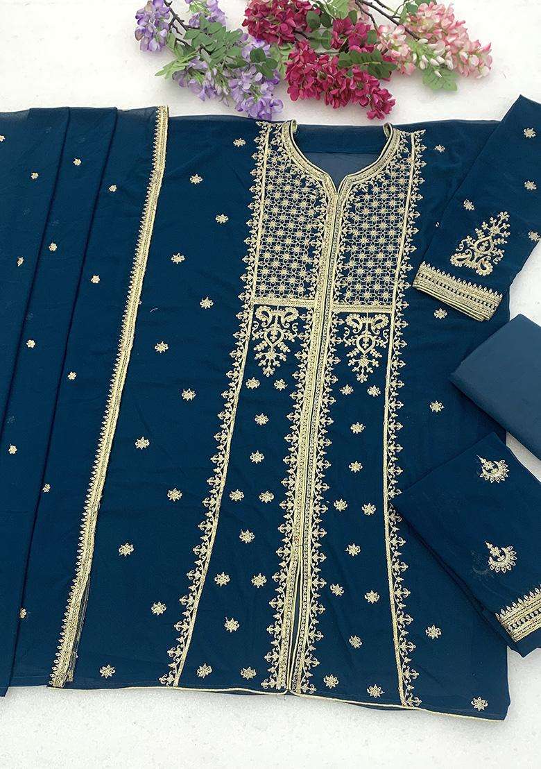 Navy Sequin Work Georgette Sharara Set - Indya