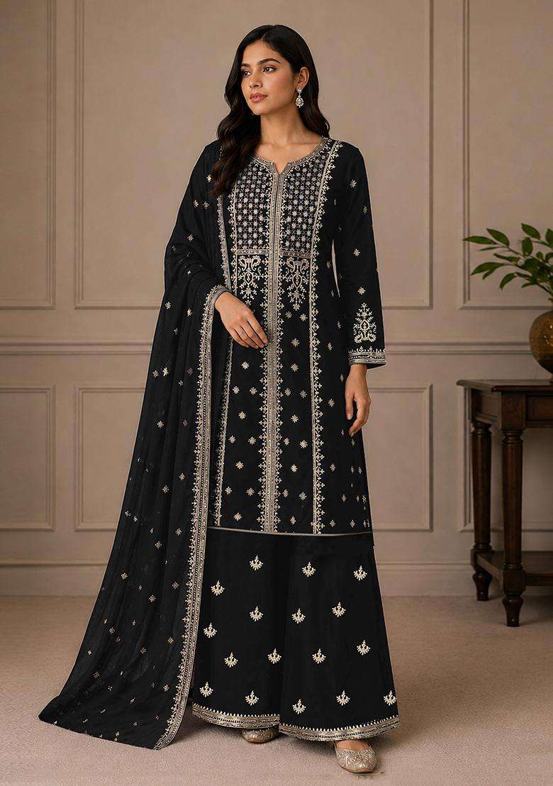 Black Sequin Work Georgette Sharara Set - Indya