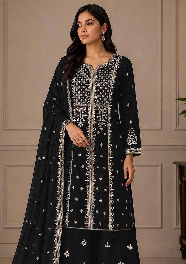 Black Sequin Work Georgette Sharara Set - Indya