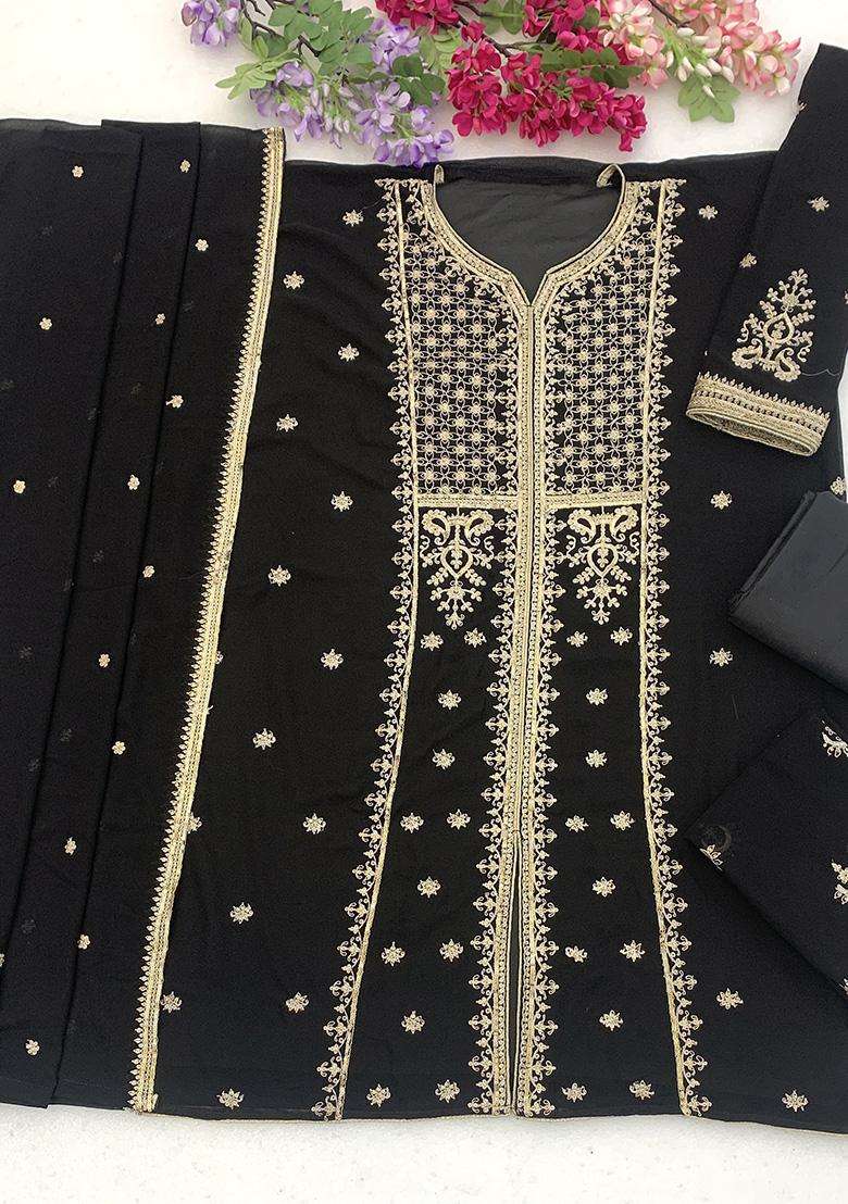 Black Sequin Work Georgette Sharara Set - Indya