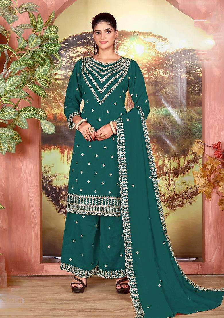 Teal Sequin Work Georgette Palazzo Set - Indya