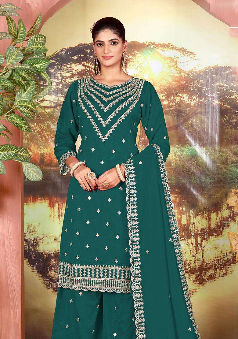 Teal Sequin Work Georgette Palazzo Set - Indya