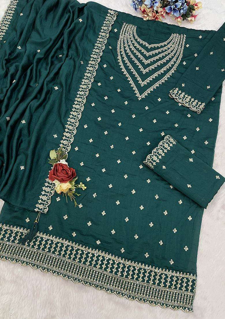 Teal Sequin Work Georgette Palazzo Set - Indya