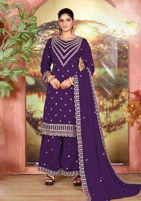 Purple Sequin Work Georgette Palazzo Set