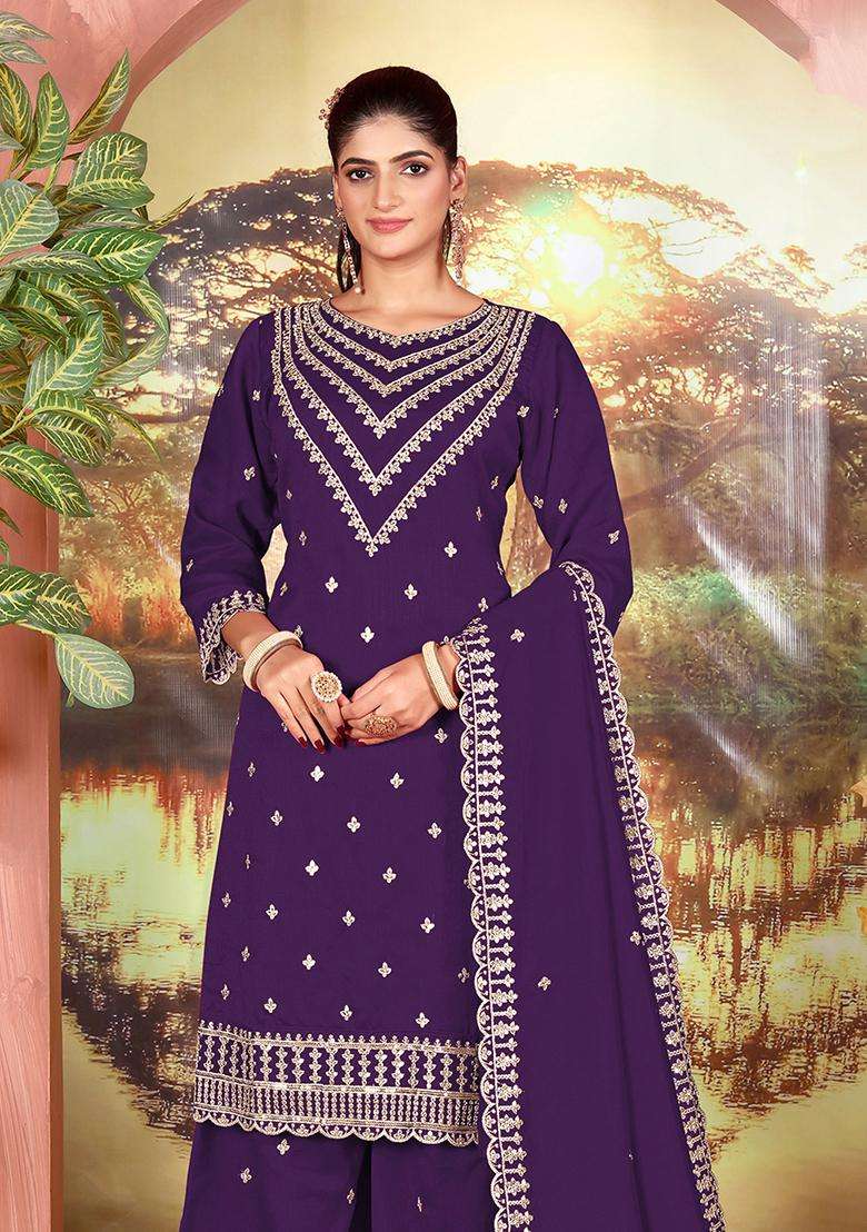 Purple Sequin Work Georgette Palazzo Set - Indya