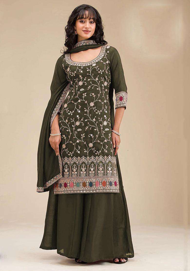 Mehendi Sequin Work Silk Sharara Set - Indya