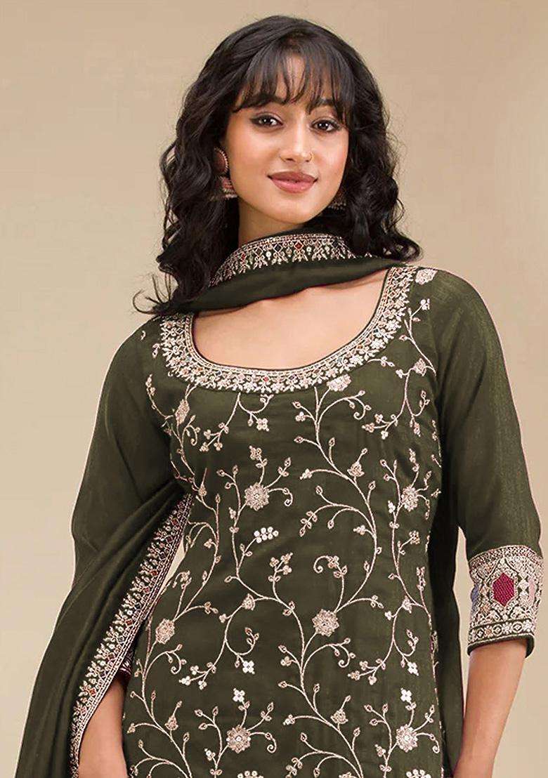Mehendi Sequin Work Silk Sharara Set - Indya