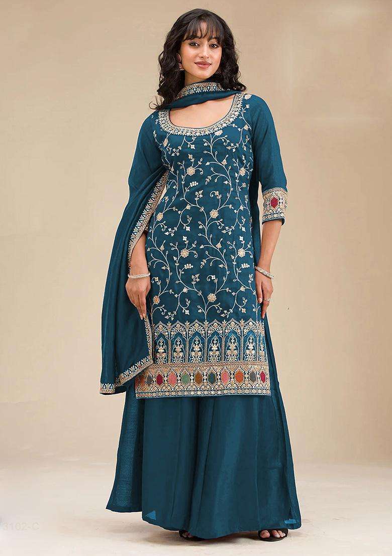 Teal Sequin Work Silk Sharara Set - Indya