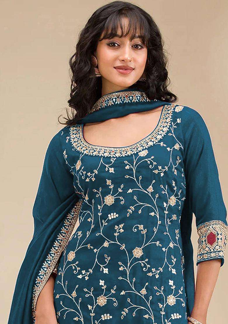 Teal Sequin Work Silk Sharara Set - Indya