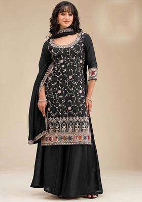 Black Sequin Work Silk Sharara Set