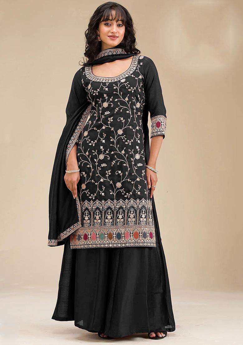 Black Sequin Work Silk Sharara Set - Indya