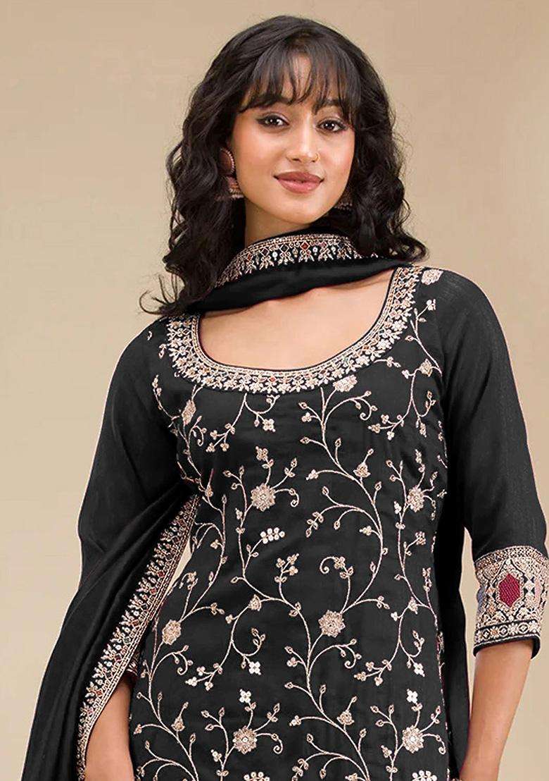Black Sequin Work Silk Sharara Set - Indya