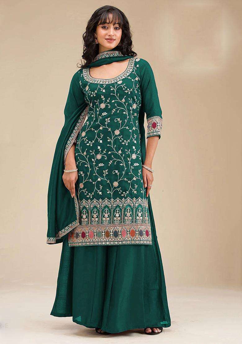 Bottle Sequin Work Silk Sharara Set - Indya