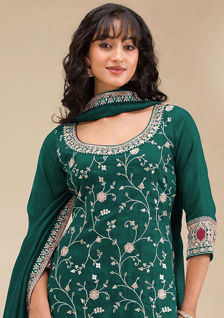 Bottle Sequin Work Silk Sharara Set - Indya