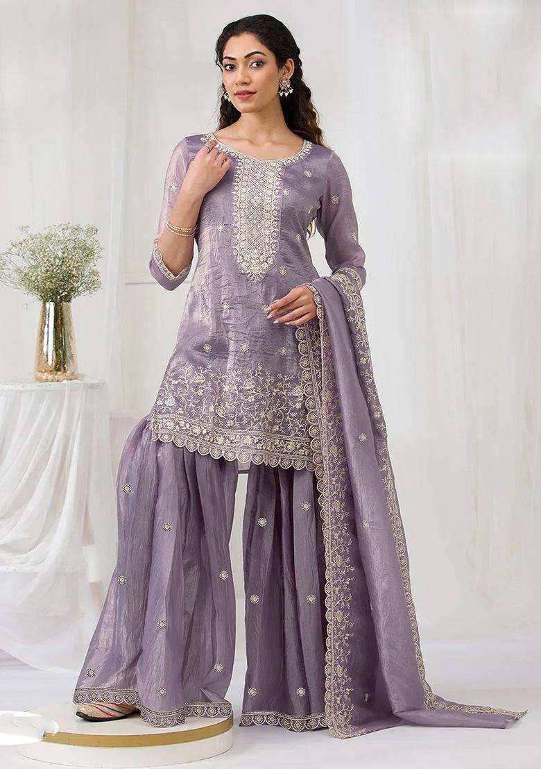 Lavender Sequin Work Crepe Sharara Set - Indya